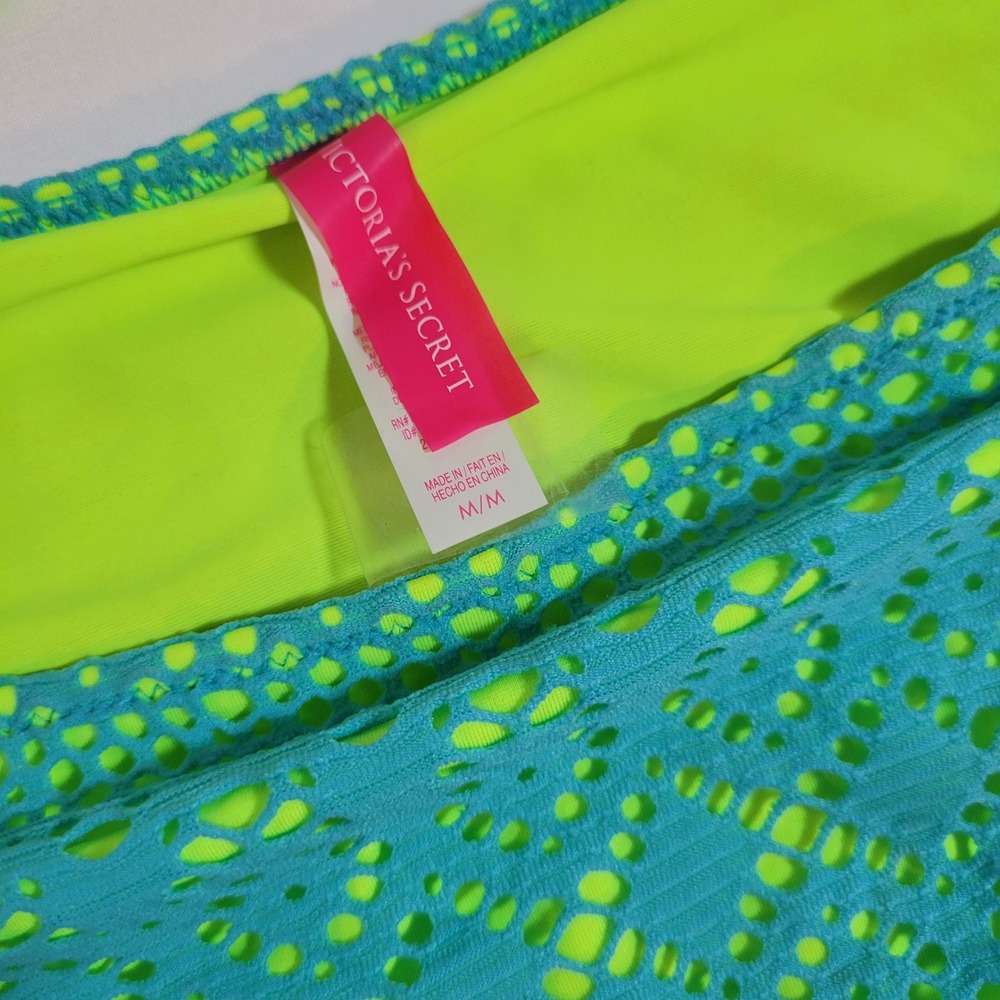 Victoria's Secret Bikini Set 34C M Turquoise Neon Lime Green Eyelet Lace Halter - Picture 2 of 6